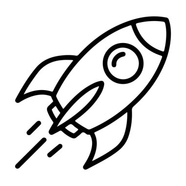 Yüzgeçleri ve penceresi olan, yükseldikçe egzoz yayan bir roket gemisinin el çizimi, siyah ve beyaz çizgisi..