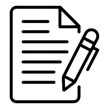 Metin satırları ve yazmaya hazır kalemle bir belgeyi temsil eden basit bir siyah beyaz çizgi simgesi.