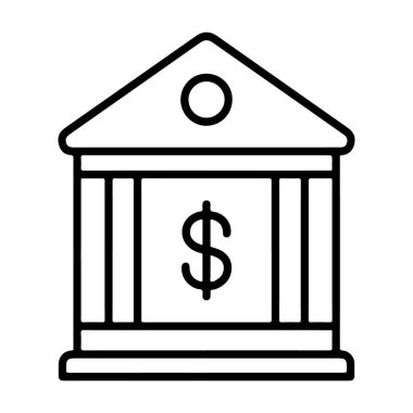 Sütunlar ve önemli bir dolar işareti içeren klasik bir banka binasının minimalist çizimi.