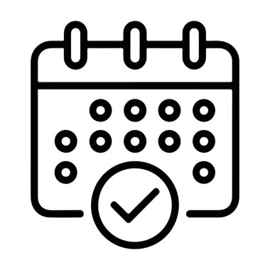 Çemberin içinde işaretli bir takvim tasvir eden, tamamlamayı veya planlanmış bir olayı simgeleyen basit bir siyah beyaz çizgi resim simgesi.