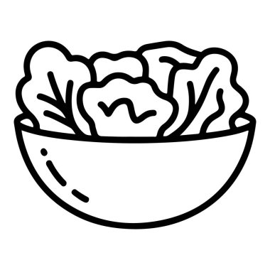 Taze marul yapraklarıyla dolu bir kâsenin minimalist siyah beyaz çizgili sanat çizgisi çizimi sağlıklı beslenme temaları için mükemmel..