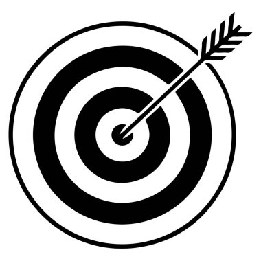 Hedefin tam ortadaki hedefe isabet eden bir okla siyah beyaz çizimi..