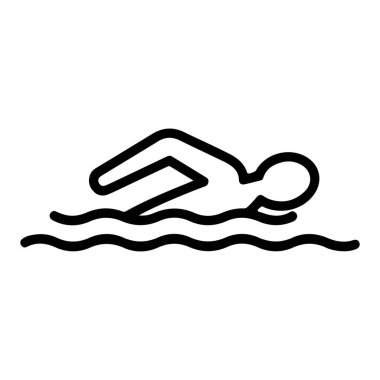 Bir minimalist siyah beyaz çizgi dalgalı su üzerinde hareket eden bir yüzücü tasvir eder.