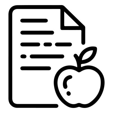 Biçimlendirilmiş bir elma yanında bir belge ya da kağıt tasvir eden basit bir çizgi sanat simgesi, eğitimi, sağlığı ya da bilgiyi simgeliyor..