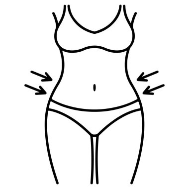 Bir kadının vücudunun minimalist çizgi çizimi, ince bir bele işaret eden oklarla, kilo kaybını ya da vücut şeklini temsil eder..