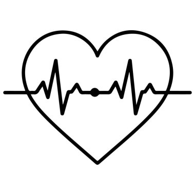 Bir kalp şeklinin basit bir siyah beyaz çizgisi içinde stilize elektrokardiyogram kalp atışı çizgisi var..