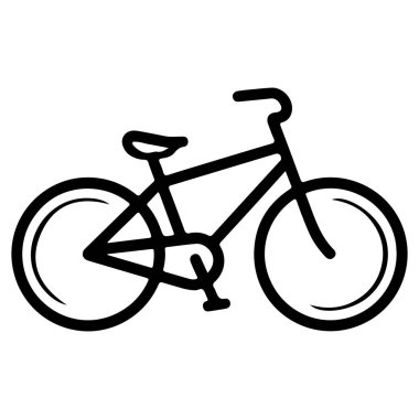 Minimalist, el çizimi, iki tekerleği, gidonu, koltuğu ve pedalları olan temiz beyaz bir arka planda sunulan bir bisiklet çizimi..