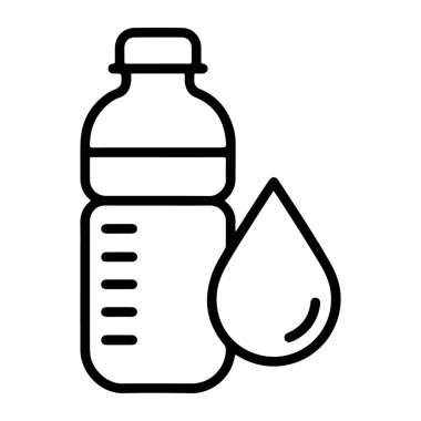 Su damlasının yanında bir su şişesi tasvir eden basit bir siyah beyaz çizgi sanat simgesi, suyu sembolize ediyor..