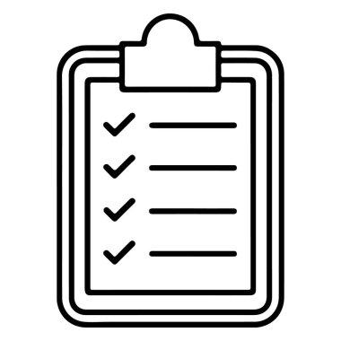 Tamamlamayı gösteren dört işaretli ve listeli bir panonun basit bir siyah beyaz çizgi çizimi.