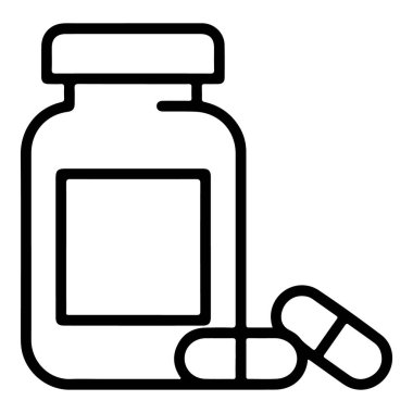 Etiketli bir hap şişesini ve yanında iki kapsülü tasvir eden basit bir çizgi sanat simgesi..