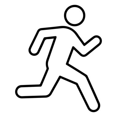 Dinamik koşu pozisyonunda, hareketli ve hareketli bir insan figürünün minimalist siyah ve beyaz çizgisi.