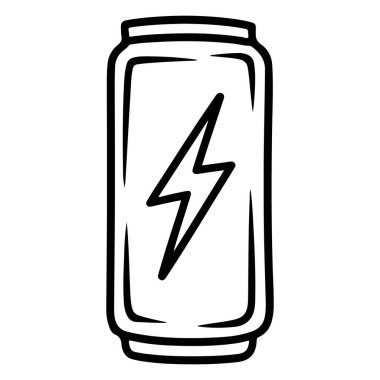 Bir enerji içeceğinin basit, elde çizilmiş siyah-beyaz bir çizimi belirgin bir yıldırım sembolü sunabilir..