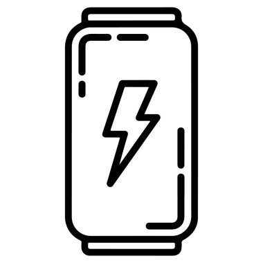 Enerji ya da gücü temsil eden, yıldırım sembollü, uzun, silindirik bir teneke kutunun minimalist ana hatları..