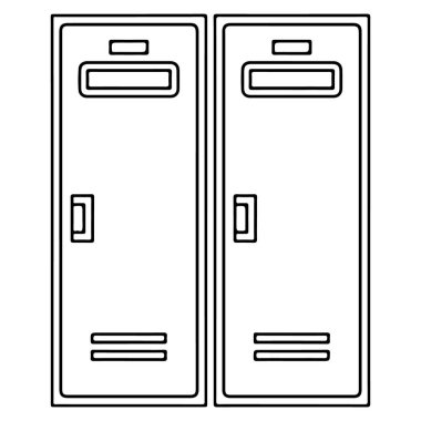 Birbirine tıpatıp benzeyen iki uzun metal dolabın basit siyah beyaz çizimi..