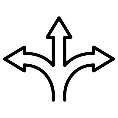 Merkezi bir noktadan uzanan üç oku gösteren basit bir çizgi resim simgesi, seçenekleri veya yönleri gösterir.