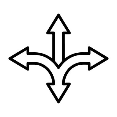 Merkezi bir noktadan farklı üç ok tasvir eden, çoklu yönleri veya seçenekleri gösteren basit bir siyah beyaz çizgi resim simgesi.