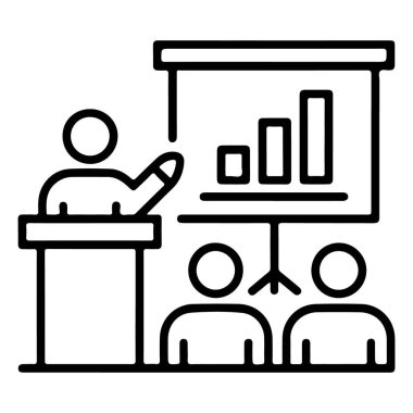 Kürsüde bir konuşmacıyı gösteren bir simge beyaz tahtada oturanlara bir bar grafiği sunuyor..