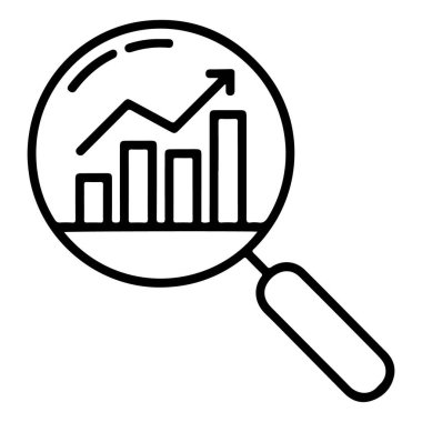 Bir siyah beyaz çizgi çizimi, yukarı doğru eğilim ve ok ile bir çubuk grafiğine odaklanan bir büyüteç gösteriyor.