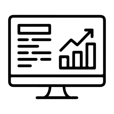 Bir bilgisayar monitörünün yukarı doğru eğilimli çizgi grafiği ve metin verisi olan bir çubuk grafiğini gösteren minimalist çizgi çizimi.