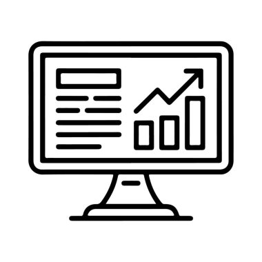 Yükselen bir trend satırı ve metin verisi olan bir çubuk grafiğini gösteren bir bilgisayar monitörünün biçimlendirilmiş çizgi çizimi.