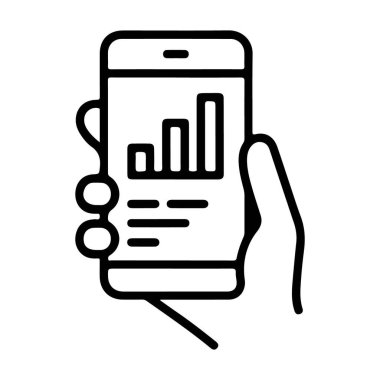 İş büyümesini ve finansal verileri gösteren bir çubuk grafiği gösteren akıllı telefonu tutan bir el. Basit çizgi çizimi.