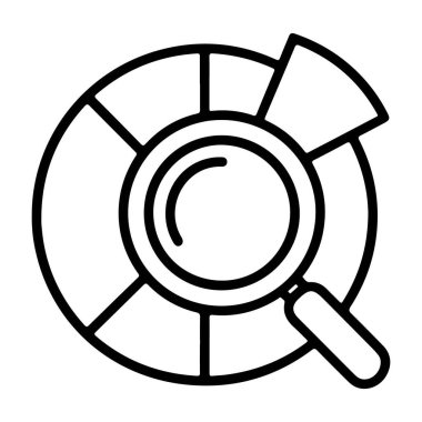 Bir pasta grafiğinin üzerine yerleştirilmiş basit bir büyüteç çizimi veri analizini ve araştırmayı sembolize ediyor..