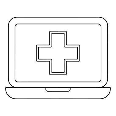Ekranında belirgin bir tıbbi haç sembolü olan açık bir dizüstü bilgisayarın basit bir çizimi. Temiz ve modern tasarım.