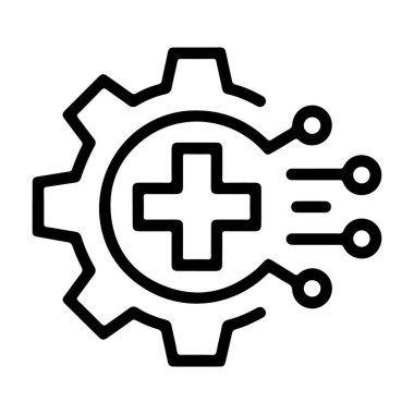 Sağlık teknolojisi ve yenilikleri temsil eden bir dişli, tıbbi haç ve dijital devre elemanlarını birleştiren stilize edilmiş bir ikon.