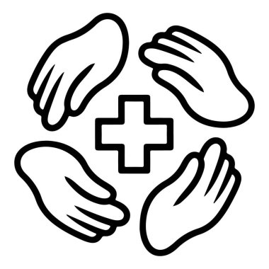 Dört stilize el bir merkezi artı işareti etrafında daire şeklinde dizilir, birlik ve desteği sembolize eder.