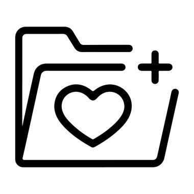Kalp sembolü ve artı işareti olan bir klasörü temsil eden basit bir çizgi sanat simgesi, favoriler veya yeni ögeler eklemeyi öneriyor.