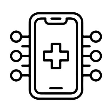 Tıbbi haç sembolü olan, düğümleri birleştiren dijital sağlık ve sağlık teknolojisini temsil eden stilize bir akıllı telefon..