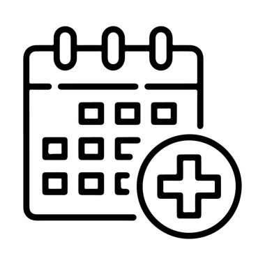 Bir olay ya da randevu eklemeyi sembolize eden, içinde artı işareti olan bir takvim tasvir eden basit bir çizgi sanat simgesi.