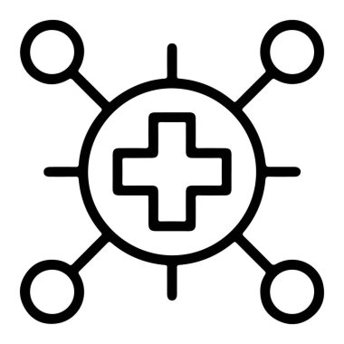 Bir tıbbi ağ ya da bağlantıyı temsil eden biçimlendirilmiş, soyut bir simge, bir daire içinde merkezi bir haç ve yayılan düğümler.