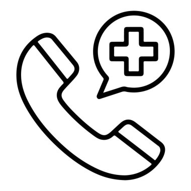 İçinde tıbbi haç sembolü olan bir konuşma baloncuğu bulunan bir telefon ahizesini tasvir eden basit bir çizgi resim simgesi.