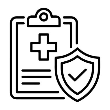 Sağlık sigortası ve güvenliği simgeleyen, üzerinde sağlık haçı olan bir pano ve işaretli bir kalkan tasvir eden bir simge..