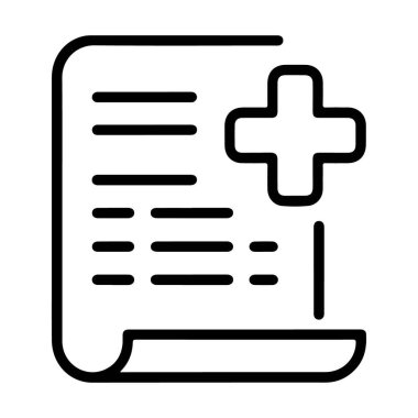 Metin satırları ve belirgin artı işareti ile tıbbi bakımı ya da eklemeyi sembolize eden bir belgeyi tasvir eden basit bir çizgi sanat simgesi.
