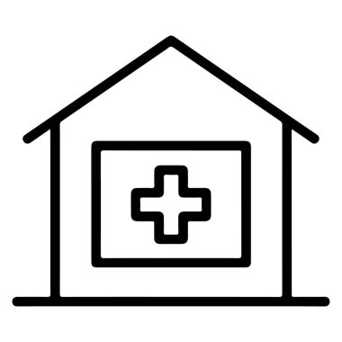 Hastaneyi ya da tıbbi tesisi temsil eden önemli bir haç sembolü olan bir binanın minimalist çizimi..