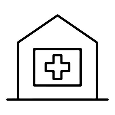Hastaneyi ya da kliniği temsil eden önemli çapraz sembollü bir binanın minimalist çizimi..