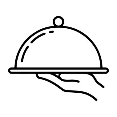 Tabağı kaplanmış bir tabakla tutan bir elin minimalist çizimi servis ve yemeği simgeliyor..