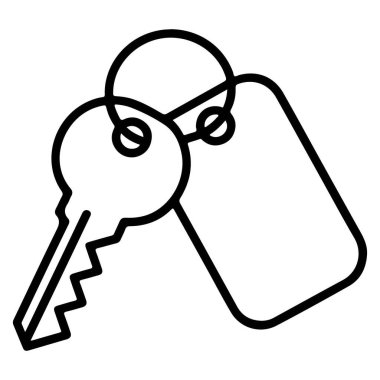 Tek bir anahtarın minimalist tasviri ve anahtarlığa takılmış boş dikdörtgen bir etiket.