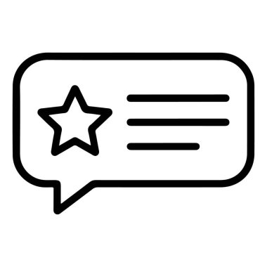 Bir yıldız ve metin satırları ile bir konuşma baloncuğunun geri bildirim ya da gözden geçirme gösteren basit bir özet simgesi.