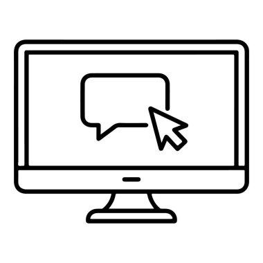 Sohbet baloncuğu ve imleci olan bir bilgisayar monitörünü gösteren basit bir çizgi resim simgesi.