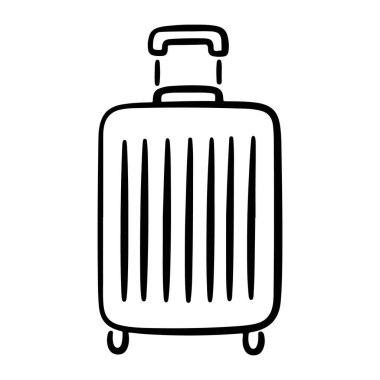 Geri çekilebilir sapı ve tekerlekleri olan yuvarlanan bir valizin minimalist siyah beyaz çizimi..