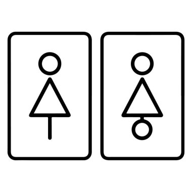 Beyaz arka planda erkek ve kadın tuvalet işaretlerini temsil eden iki minimalist sanat simgesi..