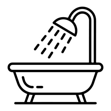 Minimalist bir çizgi, duş başlığından fışkıran suyla dolu bir küveti resmediyor..