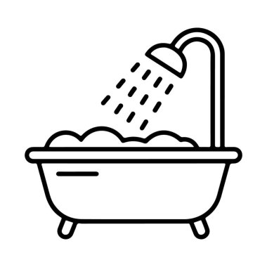 Banyo başlıklı bir küvetin basit bir çizgisi. Su ve köpükler püskürtüyor..