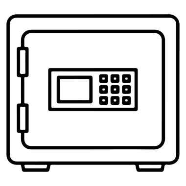 Bu dijital tuş takımı ve ekranı olan güvenli bir kasanın siyah beyaz çizimi..