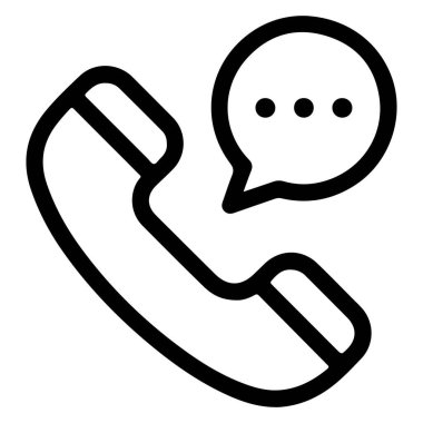 Bir telefon alıcısının konuşma baloncuğu ile iletişim gösteren basit bir çizgi resim simgesi.