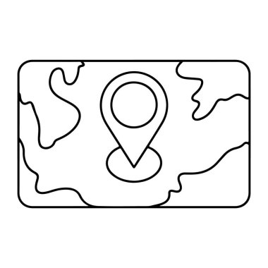 Merkezinde belirgin bir lokasyon iğnesi olan bir dünya haritasının basit siyah beyaz çizgisi..