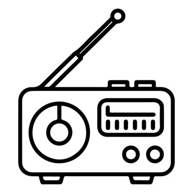 Çevirmeli, ekran ve genişletilebilir antenli basit bir retro radyo çizimi.